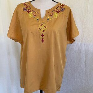 NWOT Women's Misslook Yellow Embroidered Flowers Short Sleeve V-Neck Top XL  *